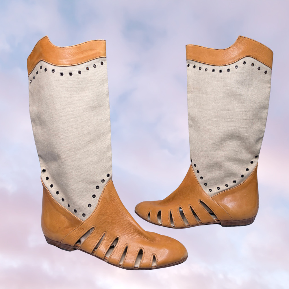 Vintage Bertie 70s Cut Out Gladiator Tan Leather Studded Boho Mid Calf Boots 9